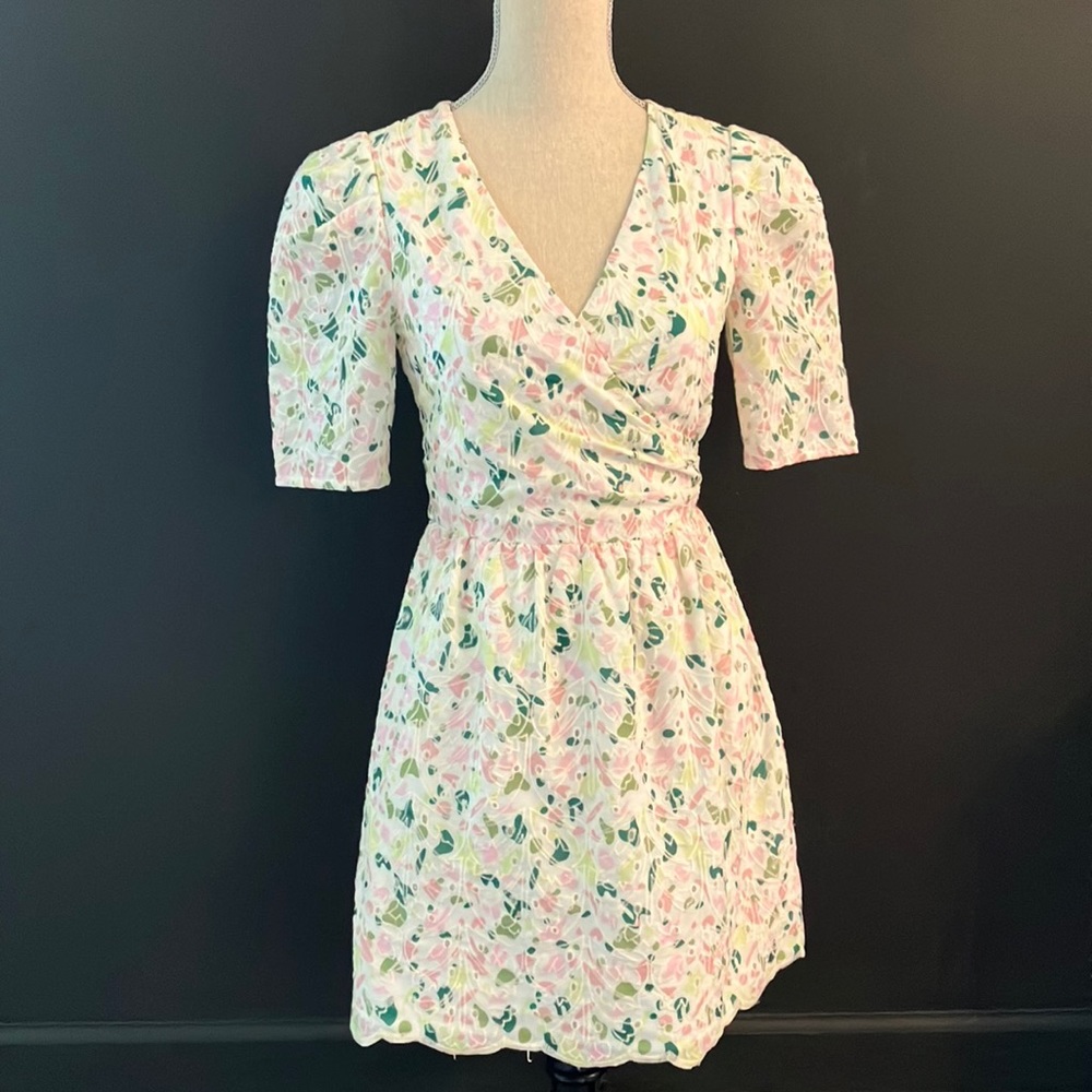 Adelyn rae White, Pink, Green Eyelet Wrap Front Dress